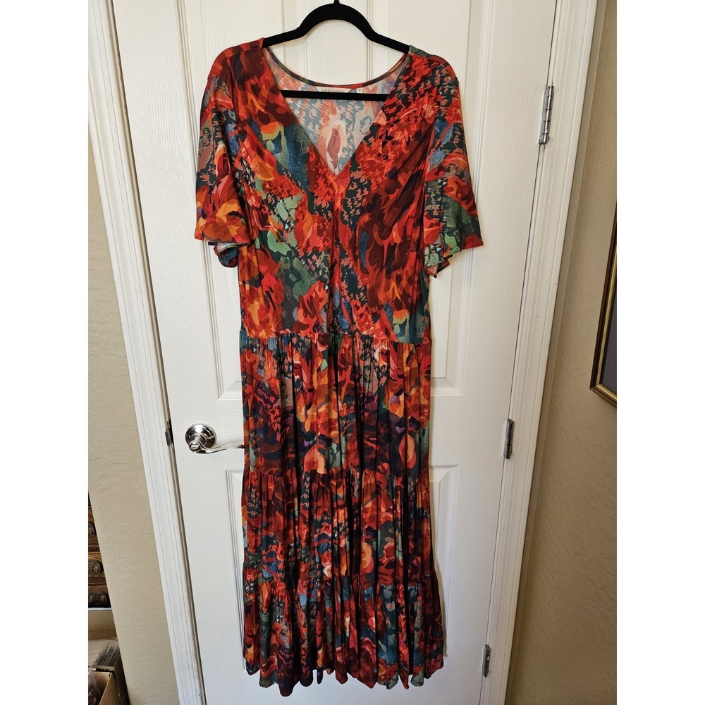 Soft Surroundings Floral Tiered V-Neck Short Flutter Sleeves Maxi Dress, Plus 2X
